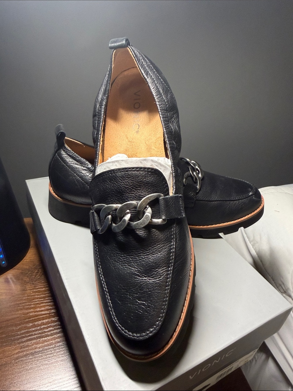 Vionic Black Leather Chain-Link Slip-On Loafers